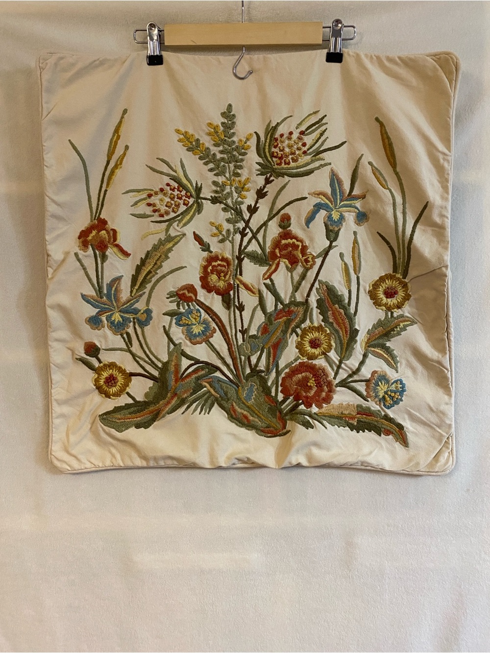 FLAWED Pottery Barn 24" x 24" tan floral embroidered pillow sham